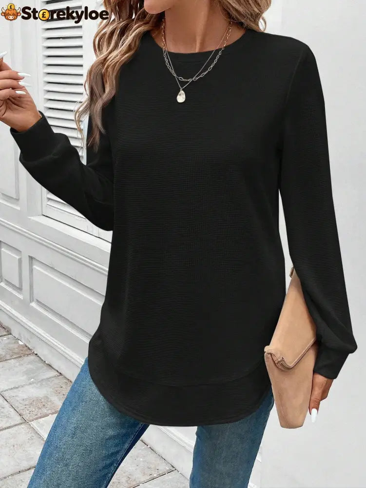Round Neck Long Sleeve Solid Color Top