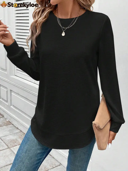 Round Neck Long Sleeve Solid Color Top