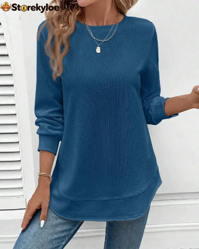 Round Neck Long Sleeve Solid Color Top - Blue / S