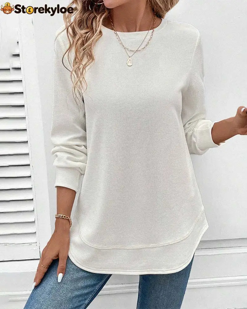 Round Neck Long Sleeve Solid Color Top - White / S