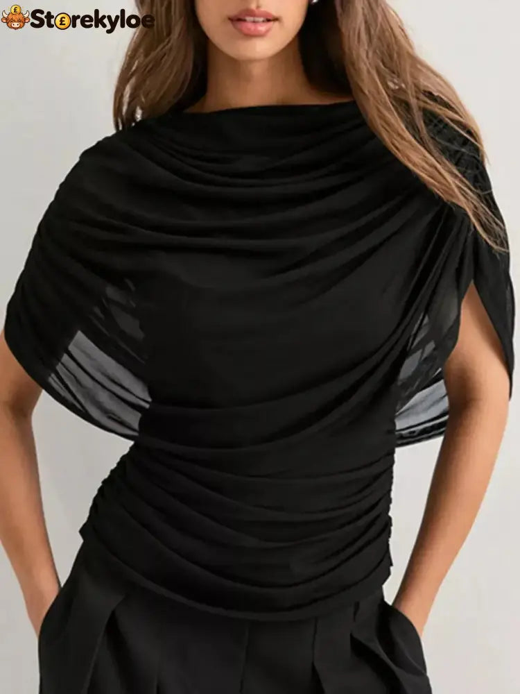 Ruched Short Sleeve Top - Black / S
