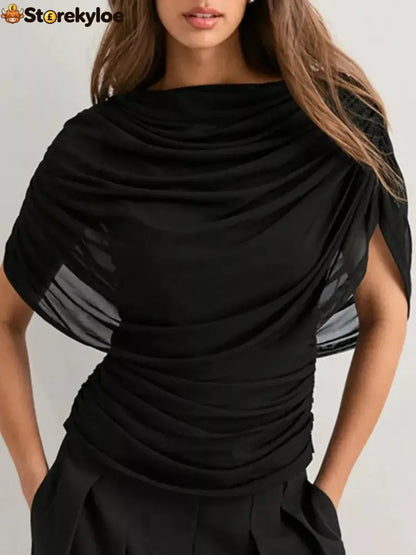 Ruched Short Sleeve Top - Black / S