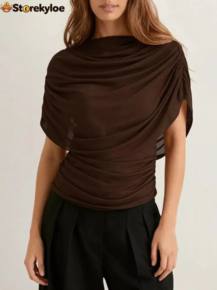 Ruched Short Sleeve Top - Brown / S