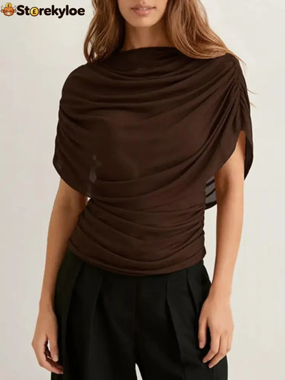 Ruched Short Sleeve Top - Brown / S