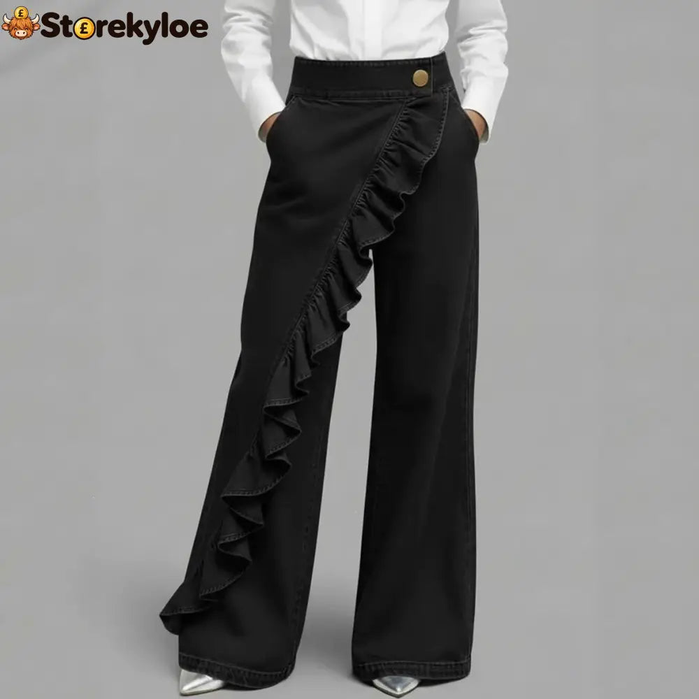 Ruffle Accent High-Waist Wide-Leg Jeans
