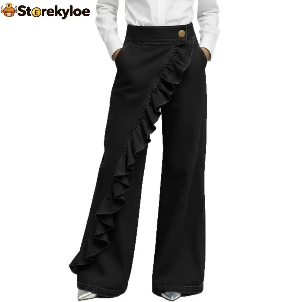 Ruffle Accent High-Waist Wide-Leg Jeans