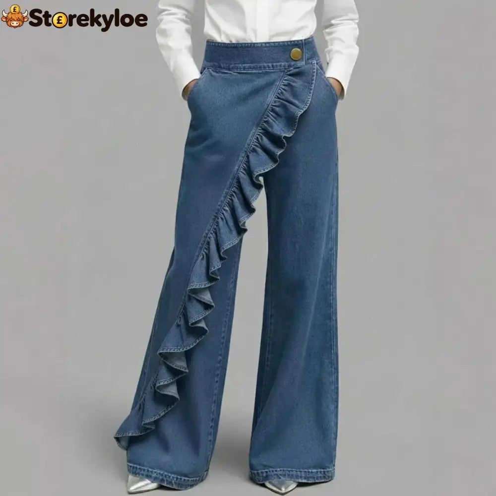 Ruffle Accent High-Waist Wide-Leg Jeans
