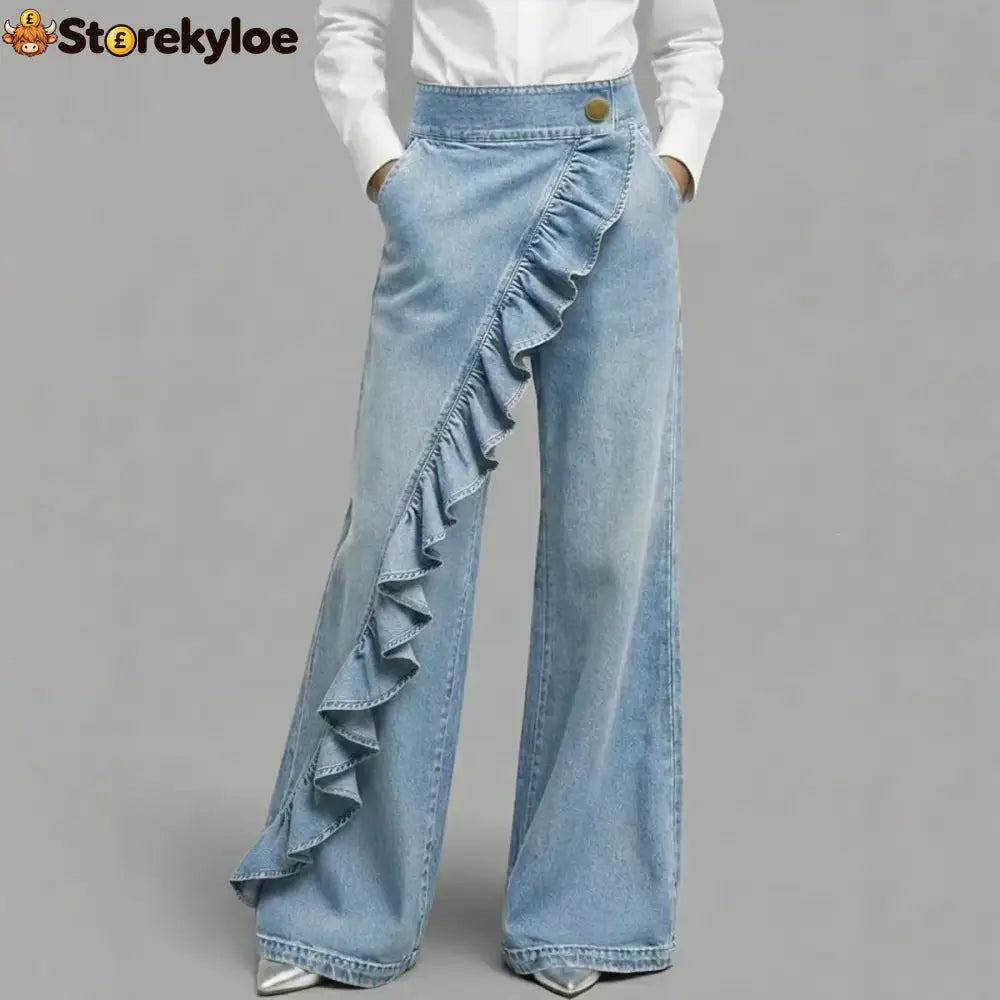 Ruffle Accent High-Waist Wide-Leg Jeans