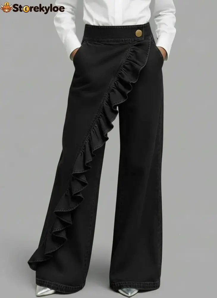 Ruffle Accent High-Waist Wide-Leg Jeans - Black / S