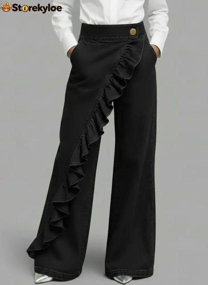Ruffle Accent High-Waist Wide-Leg Jeans - Black / S
