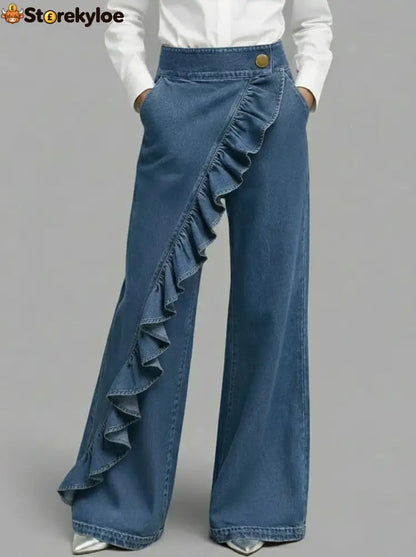 Ruffle Accent High-Waist Wide-Leg Jeans - Dark blue / S