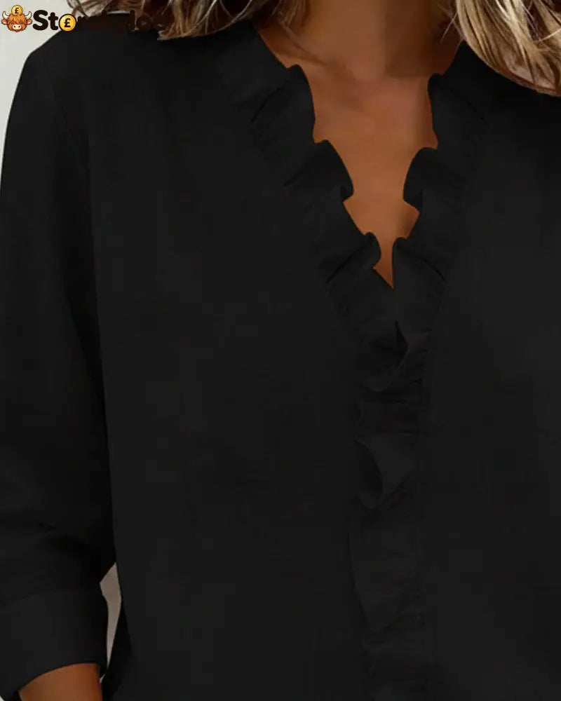 Ruffle V-Neck Long-Sleeve Blouse