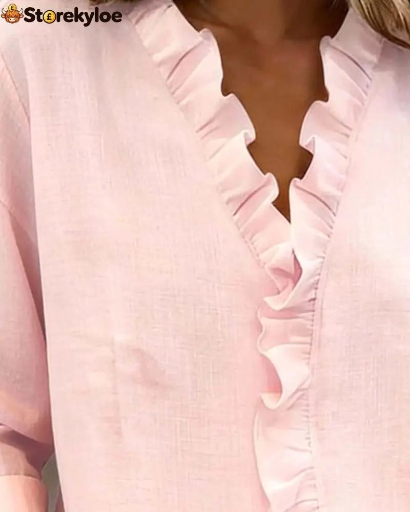 Ruffle V-Neck Long-Sleeve Blouse