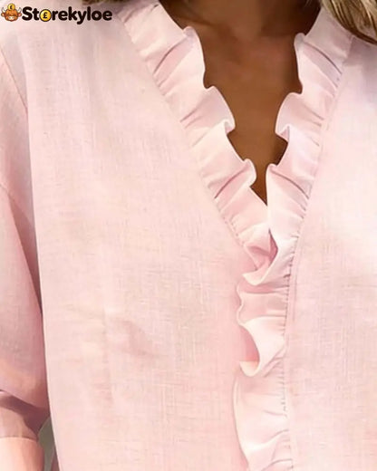 Ruffle V-Neck Long-Sleeve Blouse