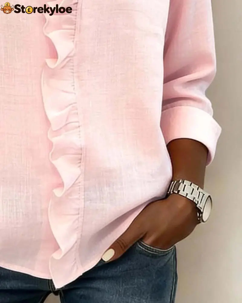 Ruffle V-Neck Long-Sleeve Blouse