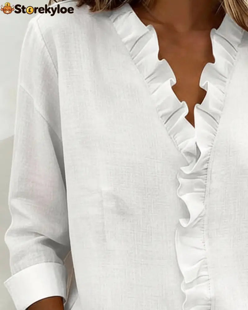 Ruffle V-Neck Long-Sleeve Blouse