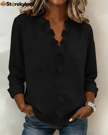 Ruffle V-Neck Long-Sleeve Blouse - Black / S