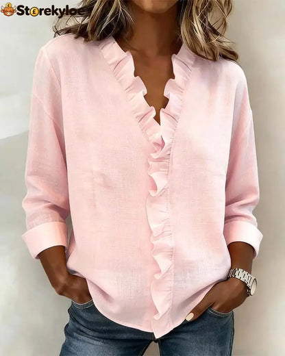 Ruffle V-Neck Long-Sleeve Blouse - Pink / S