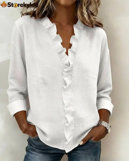 Ruffle V-Neck Long-Sleeve Blouse - White / S