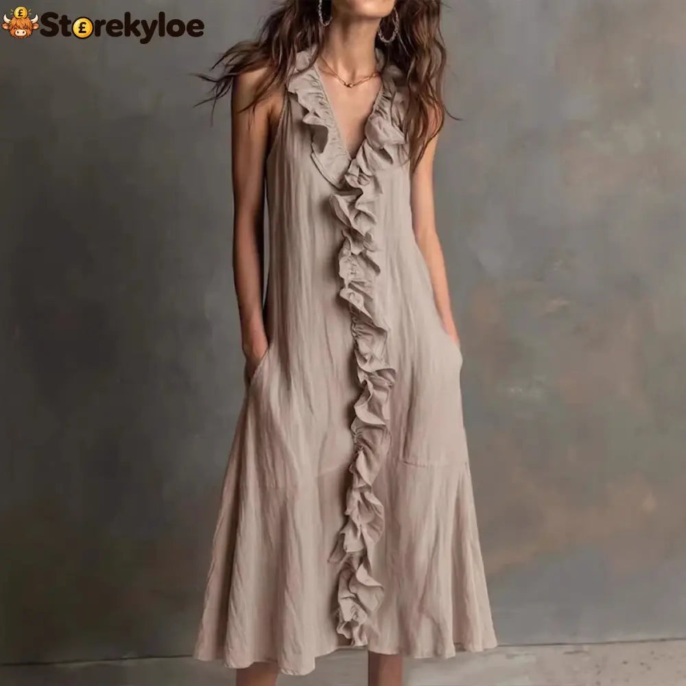 🌿 Ruffle V-Neck Sleeveless Midi Dress