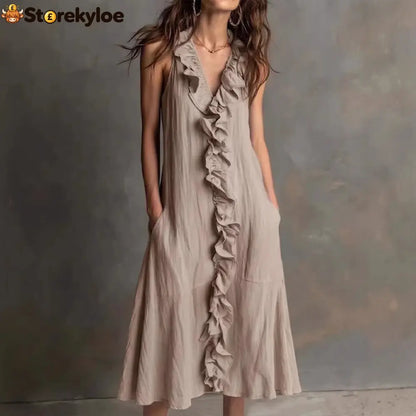 🌿 Ruffle V-Neck Sleeveless Midi Dress
