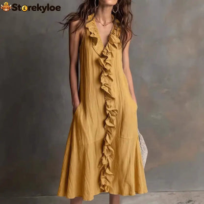 🌿 Ruffle V-Neck Sleeveless Midi Dress