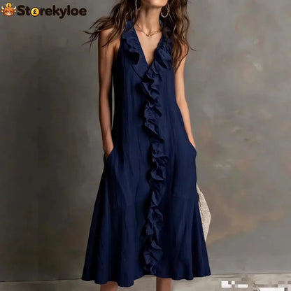 🌿 Ruffle V-Neck Sleeveless Midi Dress