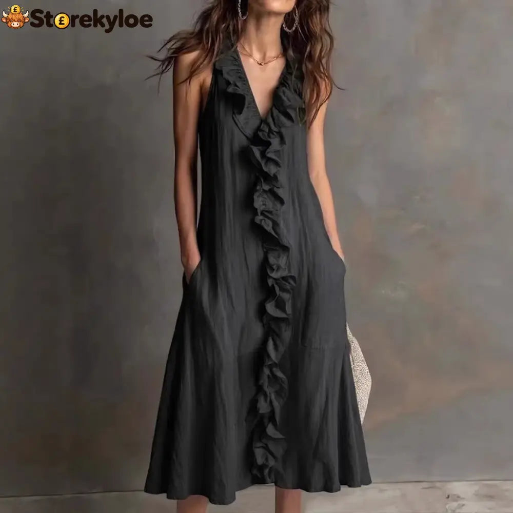 🌿 Ruffle V-Neck Sleeveless Midi Dress