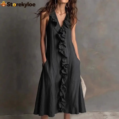 🌿 Ruffle V-Neck Sleeveless Midi Dress