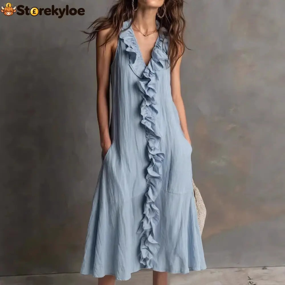🌿 Ruffle V-Neck Sleeveless Midi Dress