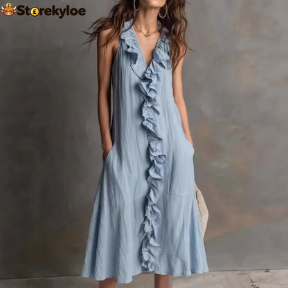 🌿 Ruffle V-Neck Sleeveless Midi Dress