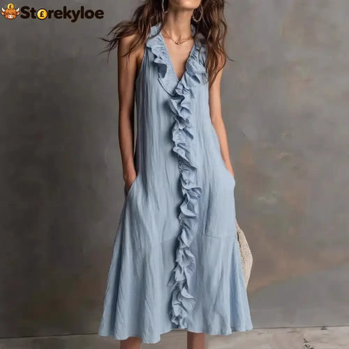 🌿 Ruffle V-Neck Sleeveless Midi Dress