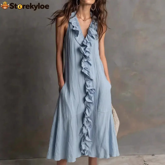 🌿 Ruffle V-Neck Sleeveless Midi Dress