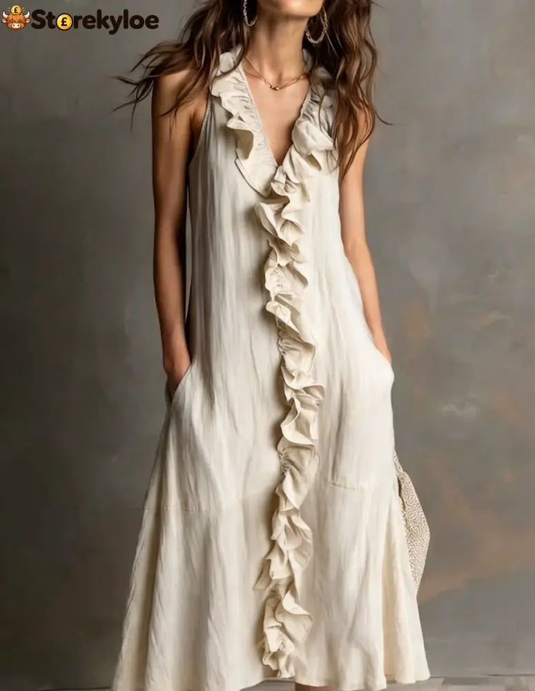 🌿 Ruffle V-Neck Sleeveless Midi Dress - Apricot / S