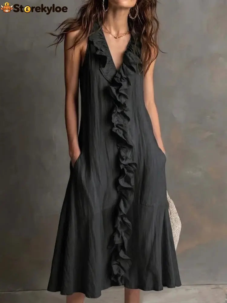🌿 Ruffle V-Neck Sleeveless Midi Dress - Black / S