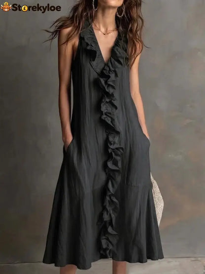 🌿 Ruffle V-Neck Sleeveless Midi Dress - Black / S