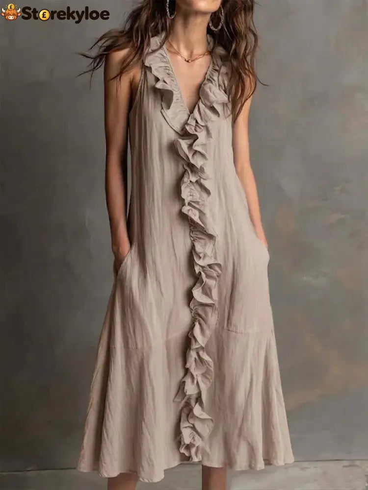 🌿 Ruffle V-Neck Sleeveless Midi Dress - Khaki / S