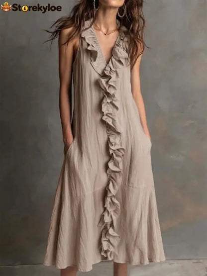 🌿 Ruffle V-Neck Sleeveless Midi Dress - Khaki / S