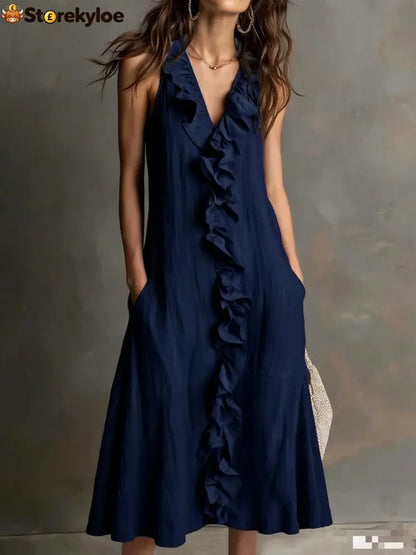 🌿 Ruffle V-Neck Sleeveless Midi Dress - Navy / S