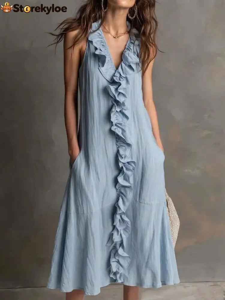 🌿 Ruffle V-Neck Sleeveless Midi Dress - Sky blue / S