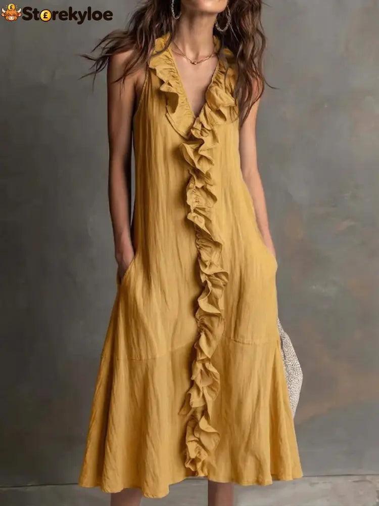 🌿 Ruffle V-Neck Sleeveless Midi Dress - Yellow / S