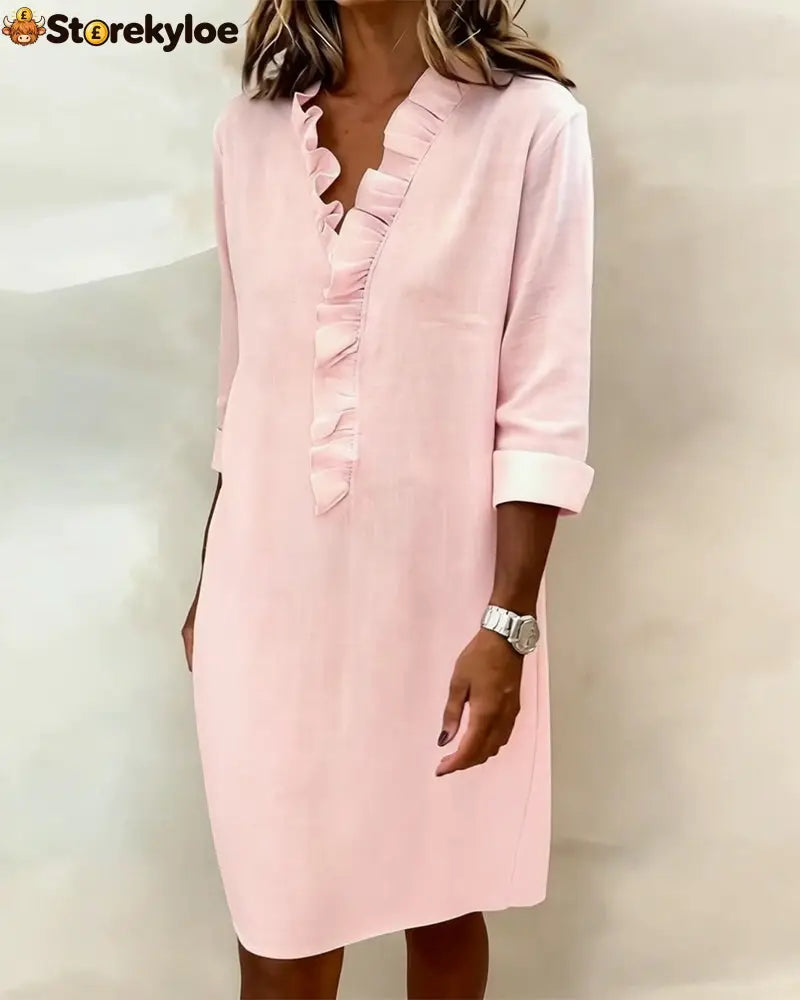Ruffled V-Neck Solid Color Dress