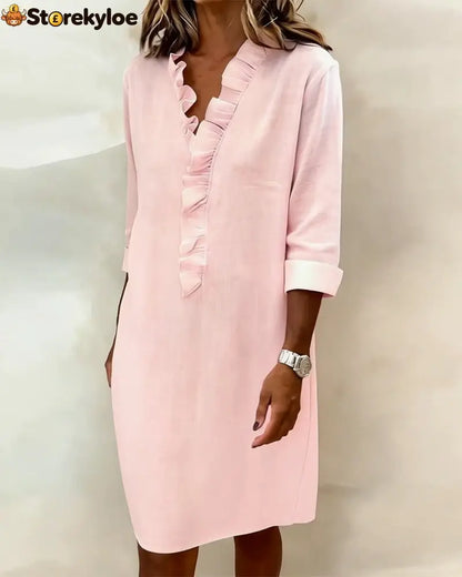 Ruffled V-Neck Solid Color Dress