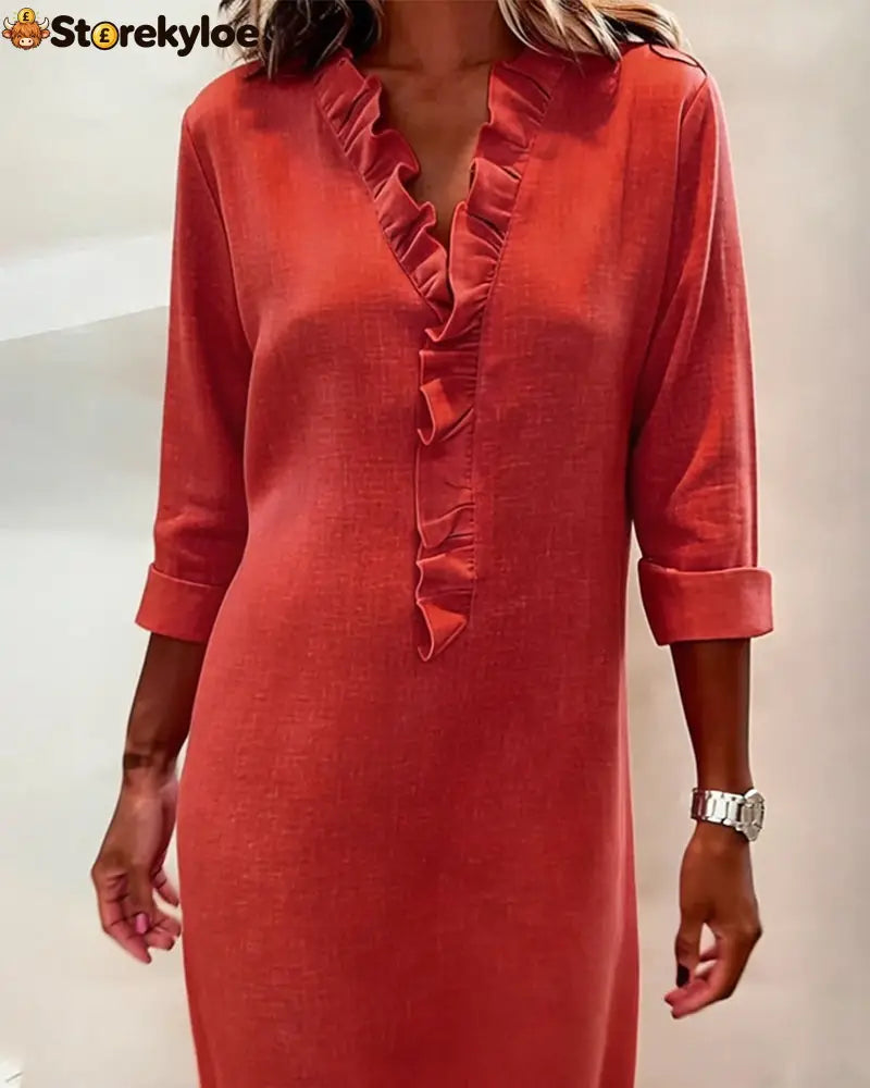 Ruffled V-Neck Solid Color Dress