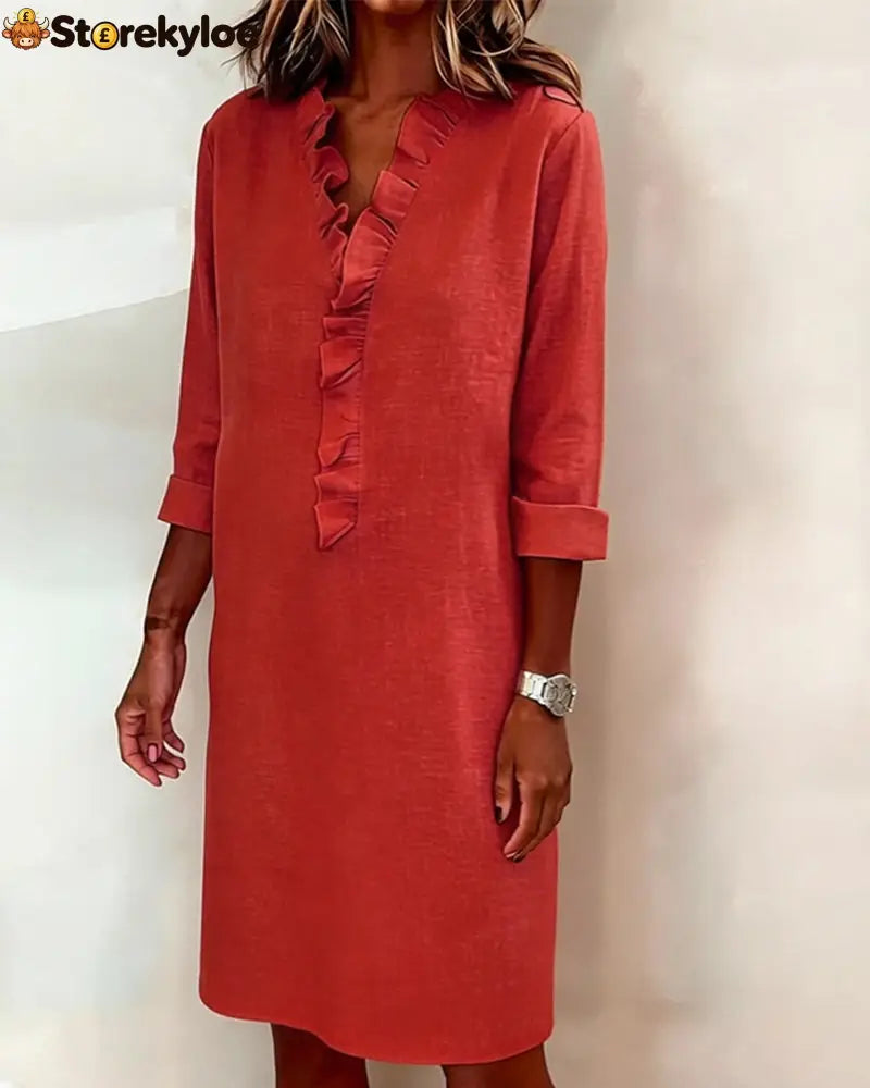 Ruffled V-Neck Solid Color Dress