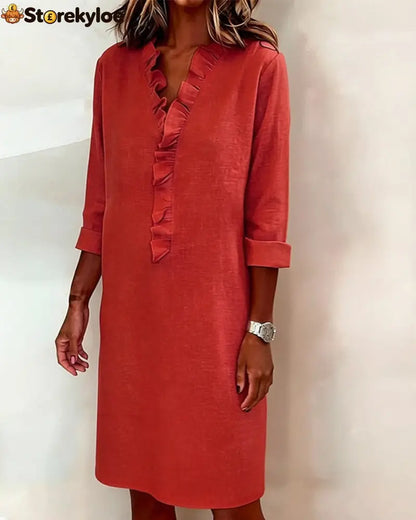 Ruffled V-Neck Solid Color Dress