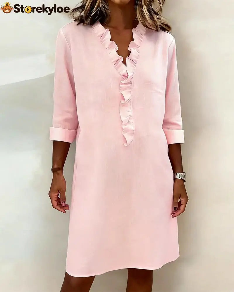 Ruffled V-Neck Solid Color Dress