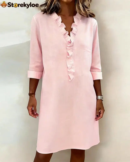 Ruffled V-Neck Solid Color Dress