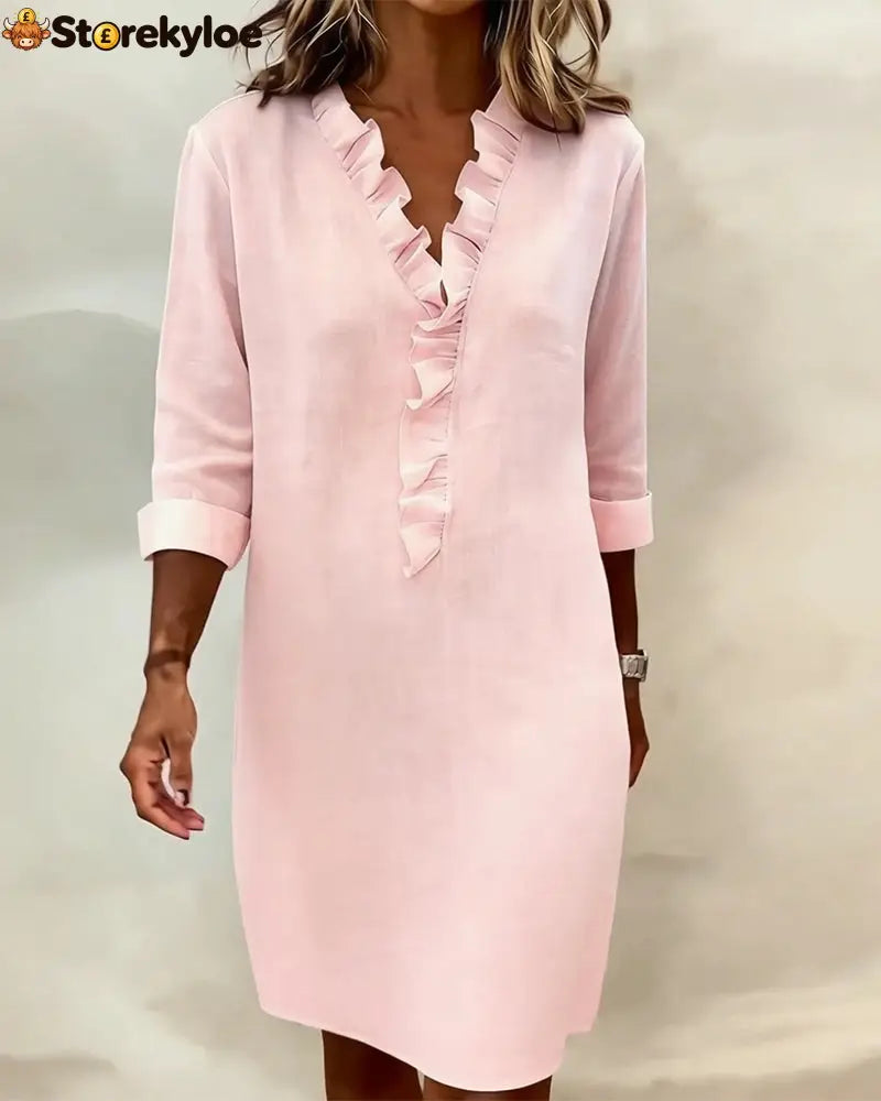 Ruffled V-Neck Solid Color Dress