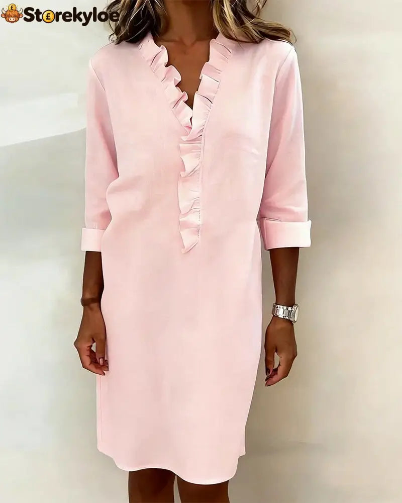 Ruffled V-Neck Solid Color Dress